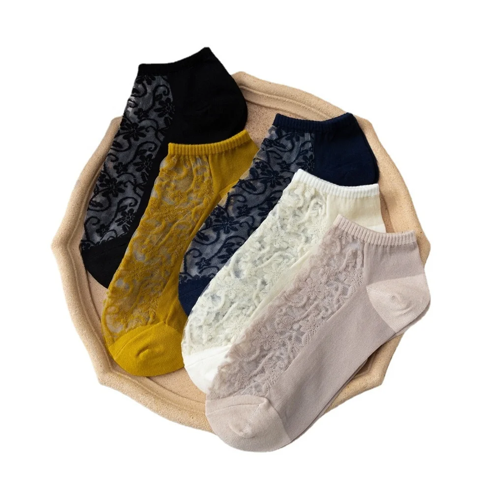 Wholesale twill mesh womens ankle net socks with lace knitted anti-slip breathable socks for ladies