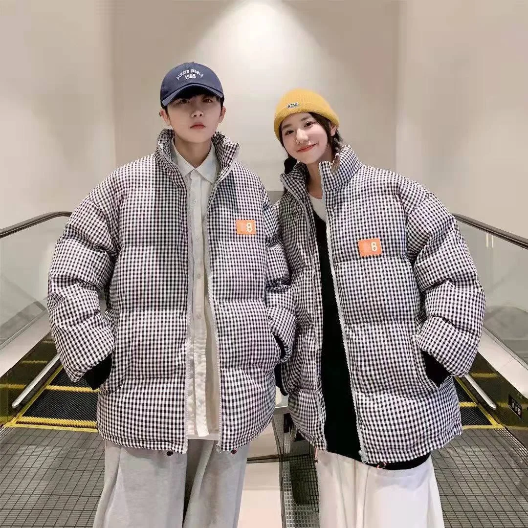 Black and white checkerboard cotton down jacket oversize cotton coat men and women winter fried street coat cotton jacket