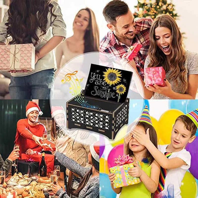 Black Music Box Gift Wood Music Box Vintage Hand Crank Wood Engraved Small Personalized Black Musical Box Gift Kids Toy Present