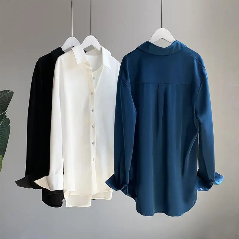 S-3XL Satin pendent shirt female spring and autumn temperament loose retro Hong Kong fashion 2023 new long-sleeved blouse