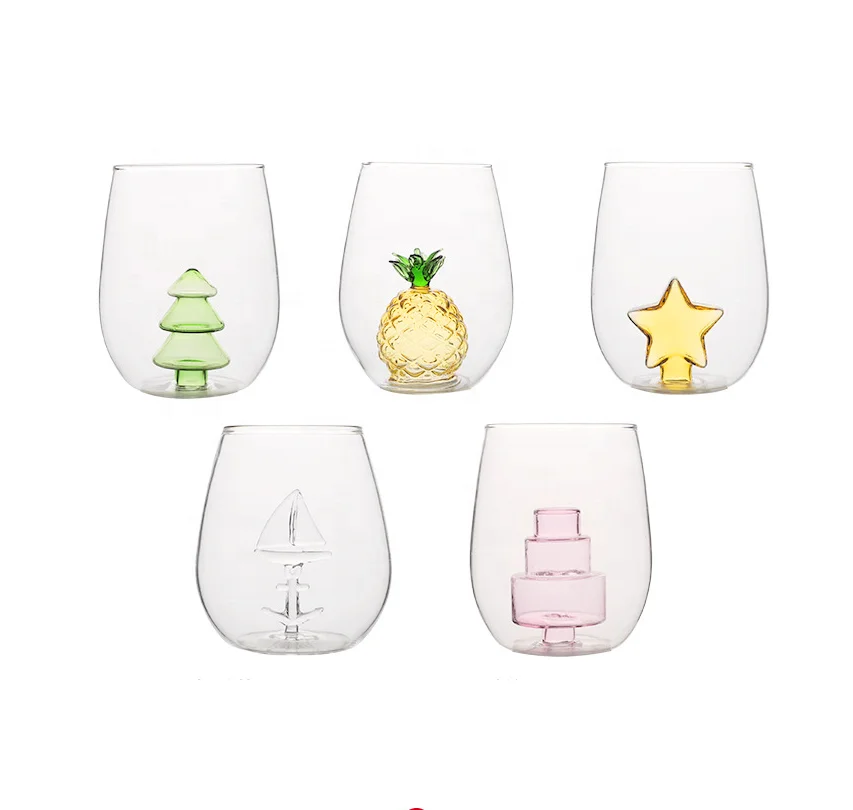 Food grade homeware round stemless water glass tumbler luxury wine glass cup pineapple mug with star 3D decoration in the bottom