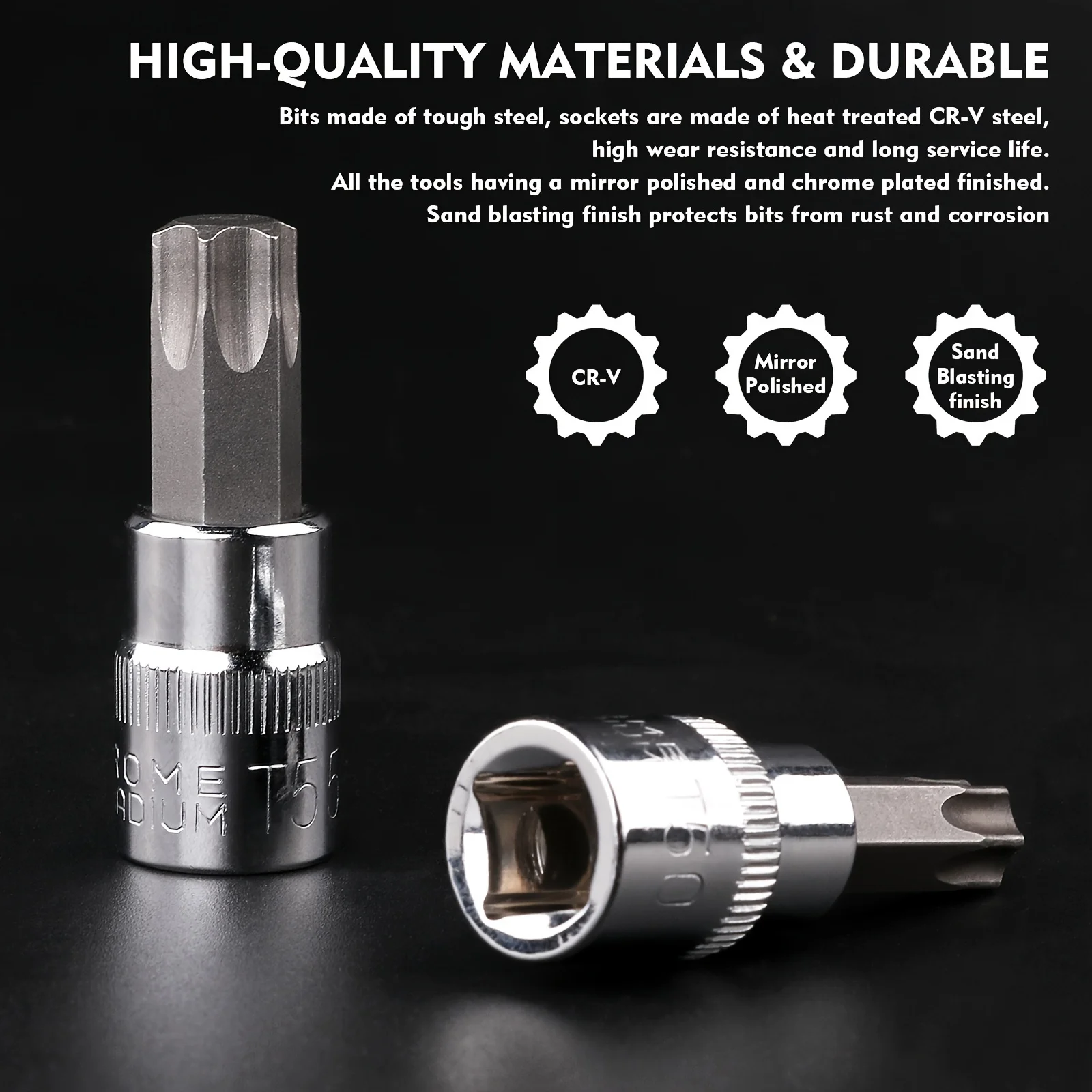 GTYPRO 13pcs Torx Bit Socket Set T8-T70 CRV Star Sockets Wrench 1/4 3/8-1/2 Drive Hand Tools Cars Trucks Chrome Finish Metric