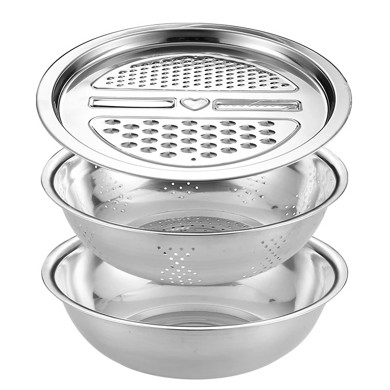 Stainless Steel Kitchen Tool Vegetable Cutter With Drain Basket Washing Bowl 3 In 1 Colander For Kitchen