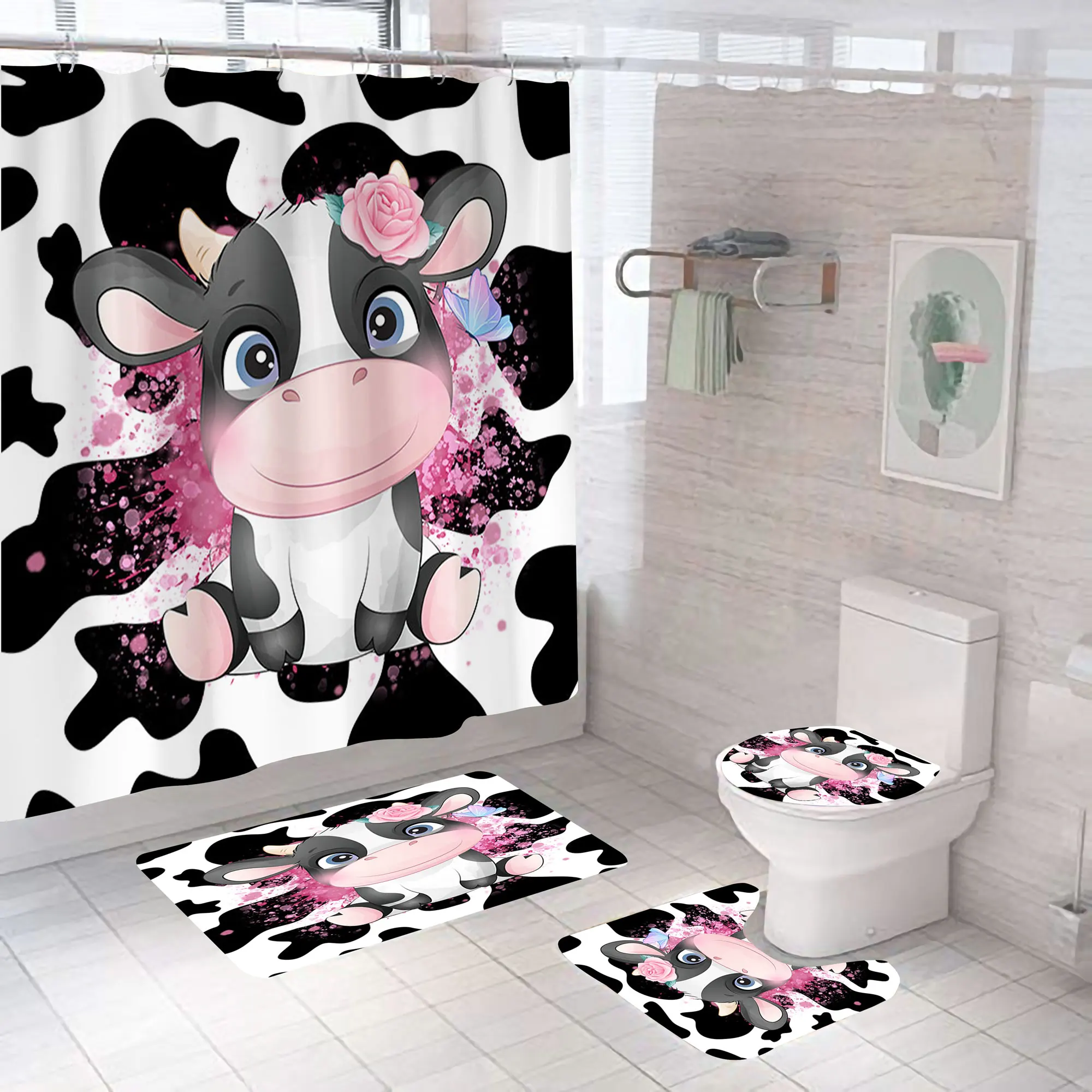Washable 3D Print Waterproof Wildlife Animal Cute Cow Bathroom Shower Curtains For Bathtub Decor With 12 Hooks