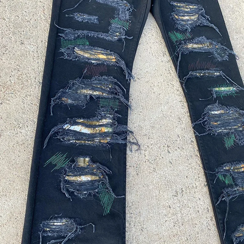 DiZNEW Custom Chicano Gothic Embroidery with Pockets Camouflage Cargo Jeans for Men Straight Streetwear Baggy Denim Pants