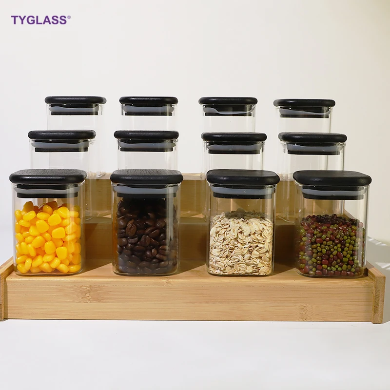 Factory direct sales customizable multi-specification heat resistant Square food storage glass jar with bamboo wooden lid