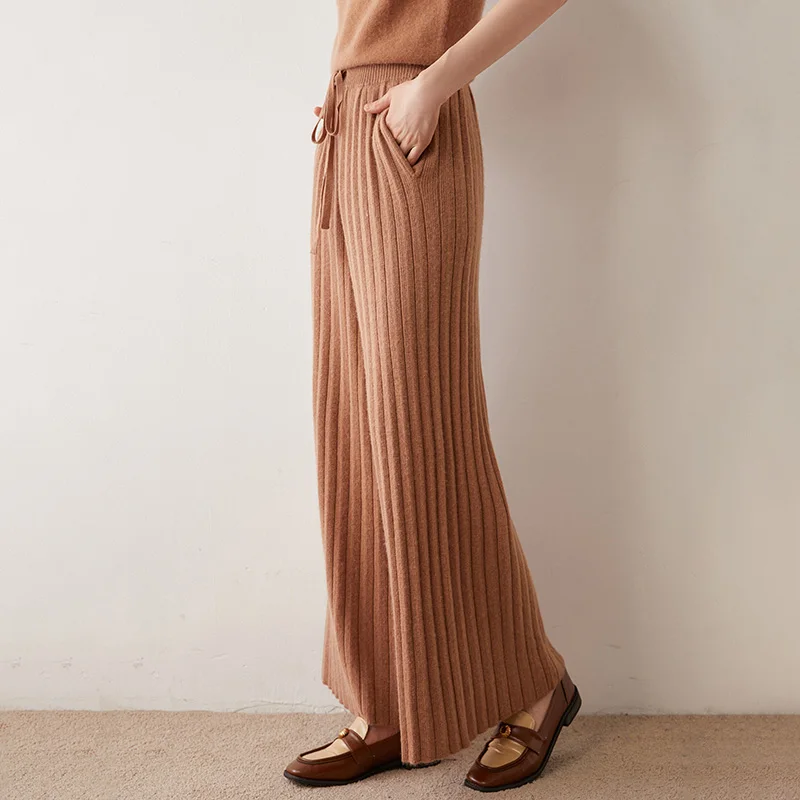 Wholesale Winter Knit Cashmere Long Wide Leg Trousers Custom Wool Cashmere Rib Knitted Pants for Women