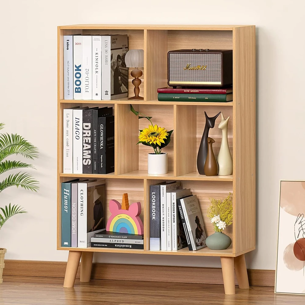 Custom Modern book shelf Design Wooden Display simple bookcase Wood Library 7 Shelf Bookcase