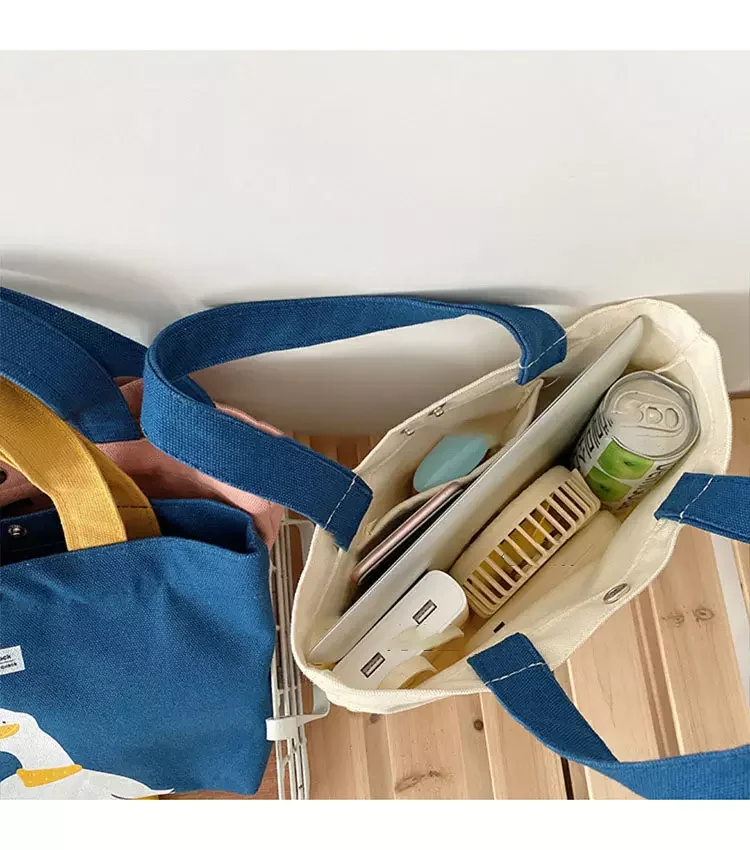 Custom New Versatile Shopping Bag Cute Duck Cotton Canvas Leisure Hand Bag Ins Shoulder Tote Bag with Custom Printed Logo