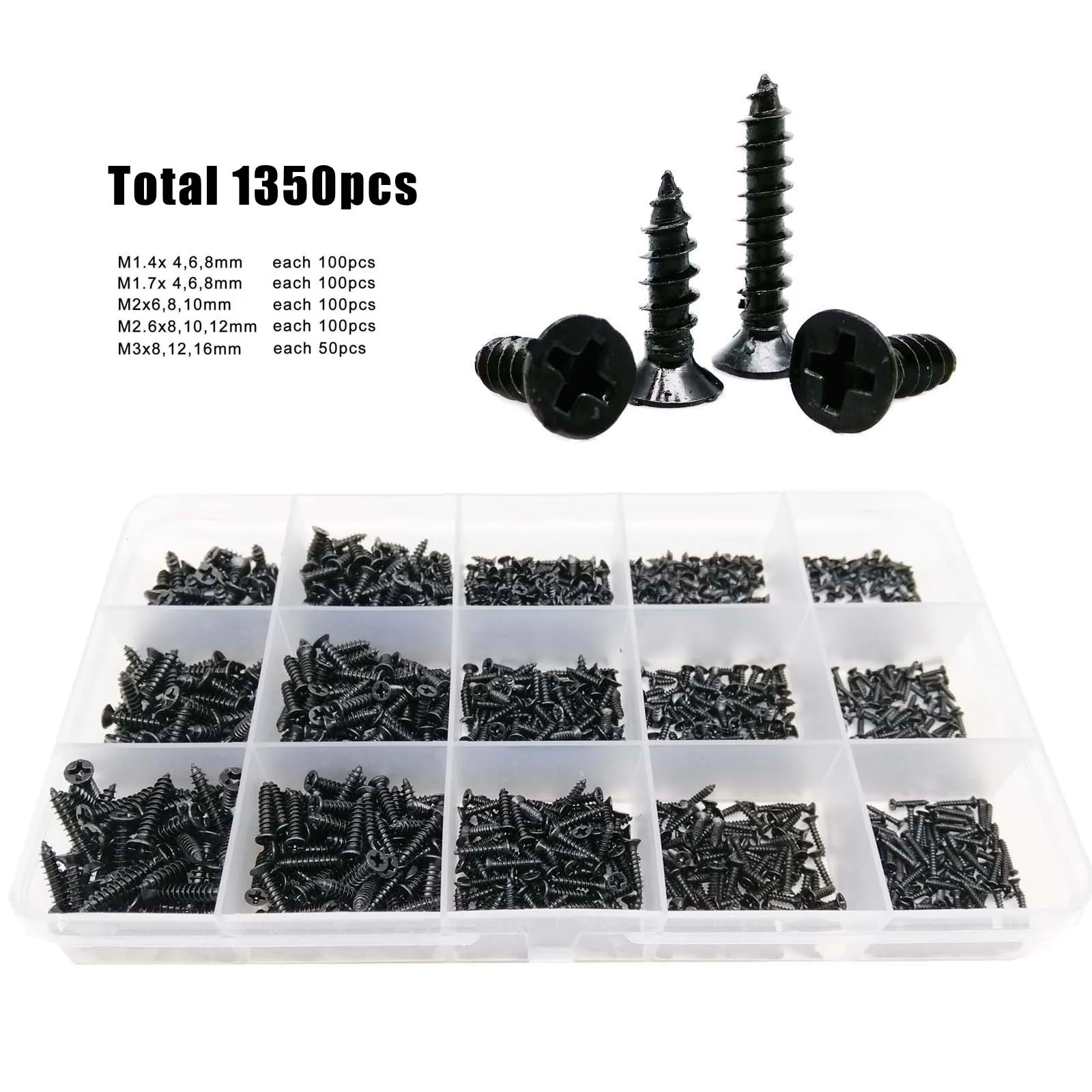Total 1350pcs/box M1.4 M1.7 M2 M2.6 M3 Black Set Kit Box Mini Micro Cross Phillips Flat Countersunk Head Self Tapping Wood Screw