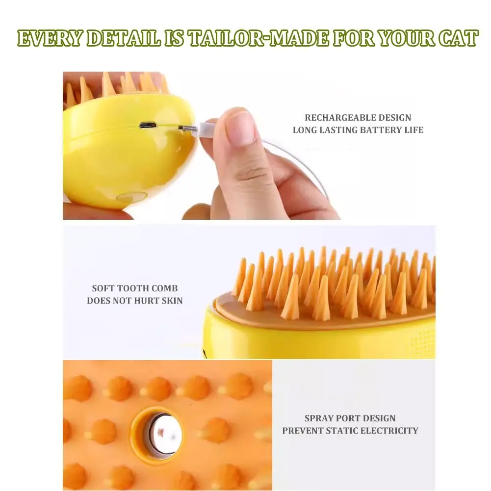 Multifunctional Cat Grooming Brush Button Pet Hair Removal Tool Comb Cat Steamer Brush 3in1 Steam Cat Brush With Wipes