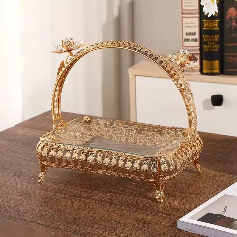 Exquisite Hand-Held Fruit Basket with Gold Engravings Glass Storage Tray for Table Craft & Desktop Storage