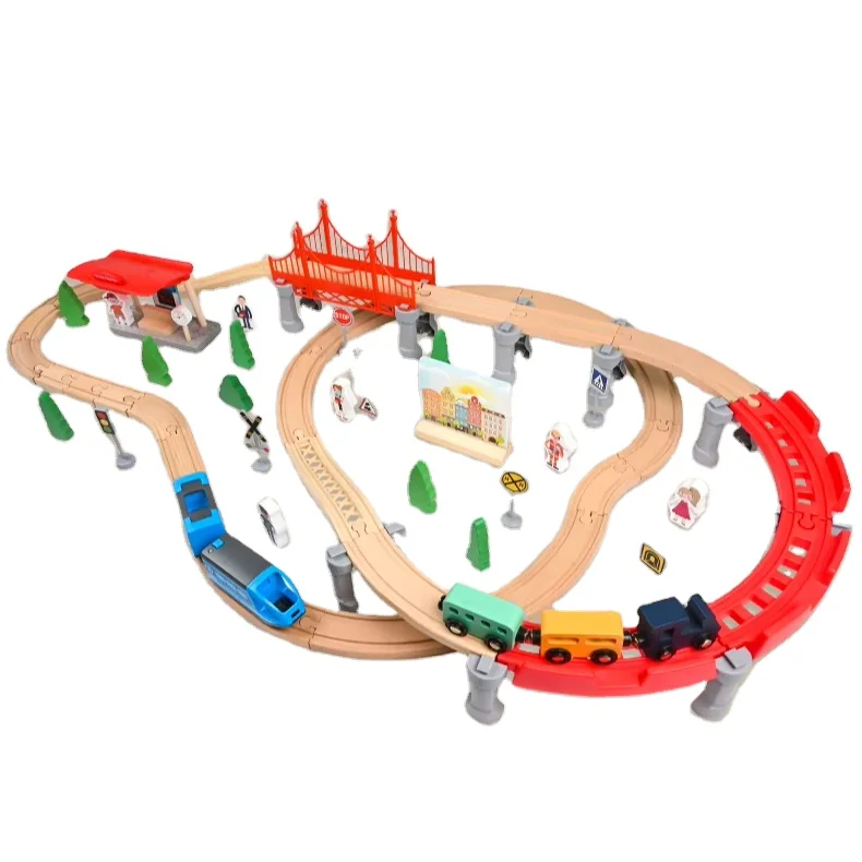 Wooden Train Set with Crane Wood Train Tracks Toys for Boys Household Use