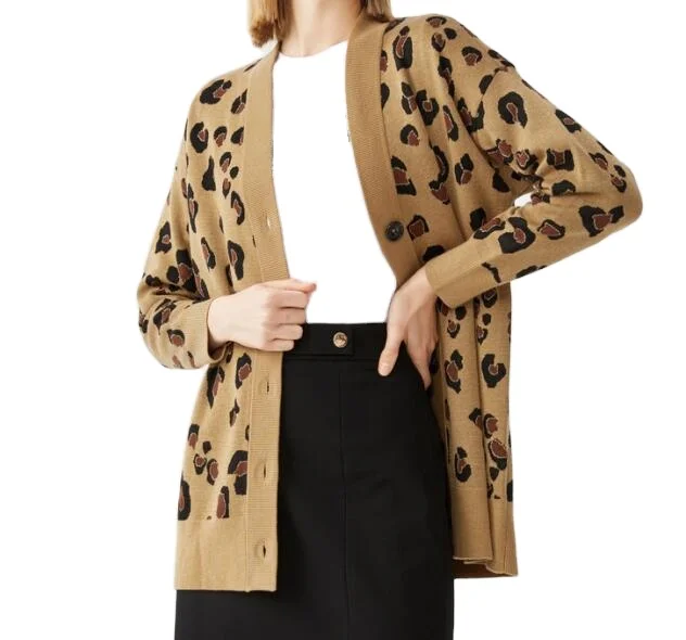 factory make your own design customized women V neck long sleeve leopard drop shoulder sweater cardigan for ladies