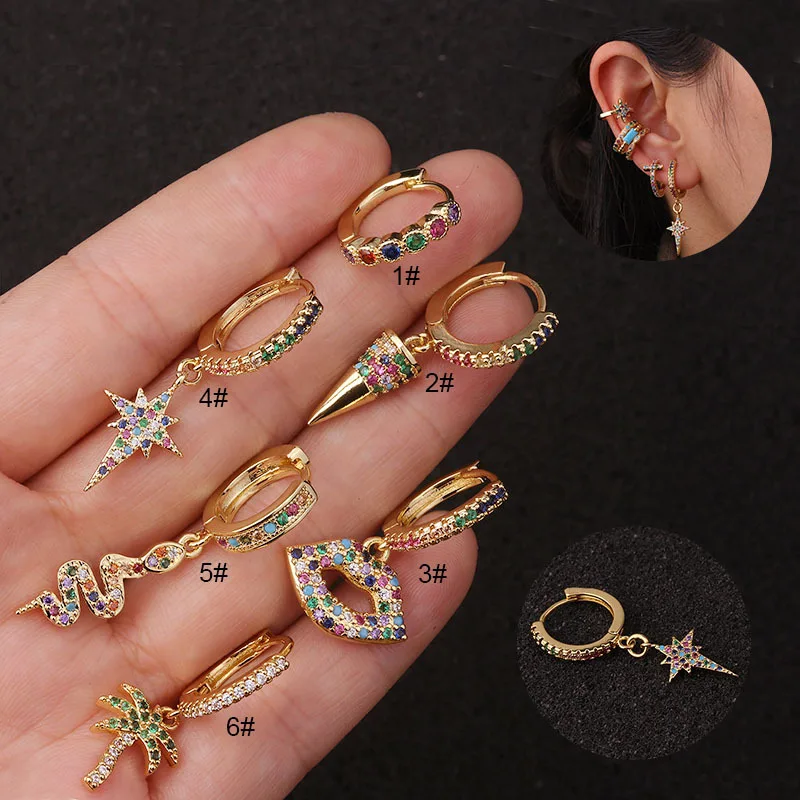 
Fashion Multi Color Zircon Earrings Women Star Pendant Earrings Spike Earring Hoops 