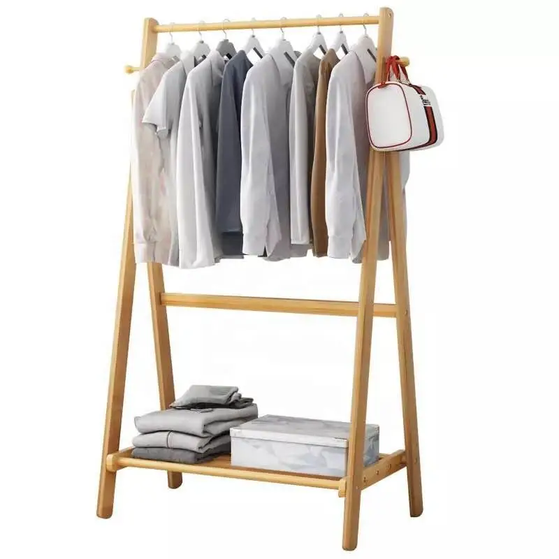 Foldable Bamboo Laundry Rack Bedroom Garment Floor Stand Wood Three Tier Clothes Drying Rack With Lower Shoes Shelf