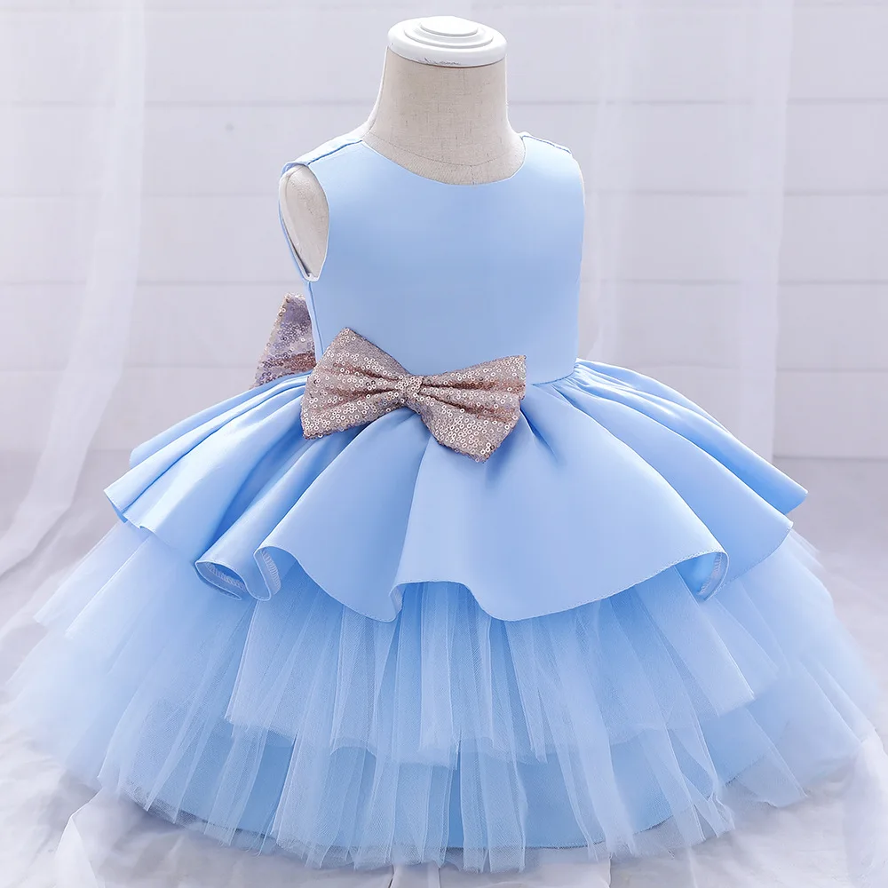 Boutique Princess Frock Dress Sequin Bow Backless Layering Baby Girl Birthday Party Dress Latest Hot Kids Clothing