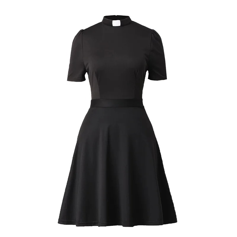 Elegant Summer Half-Sleeve Black Formal Dress for Women Knee-Length Tab Collar Breathable Woven Pattern for Church