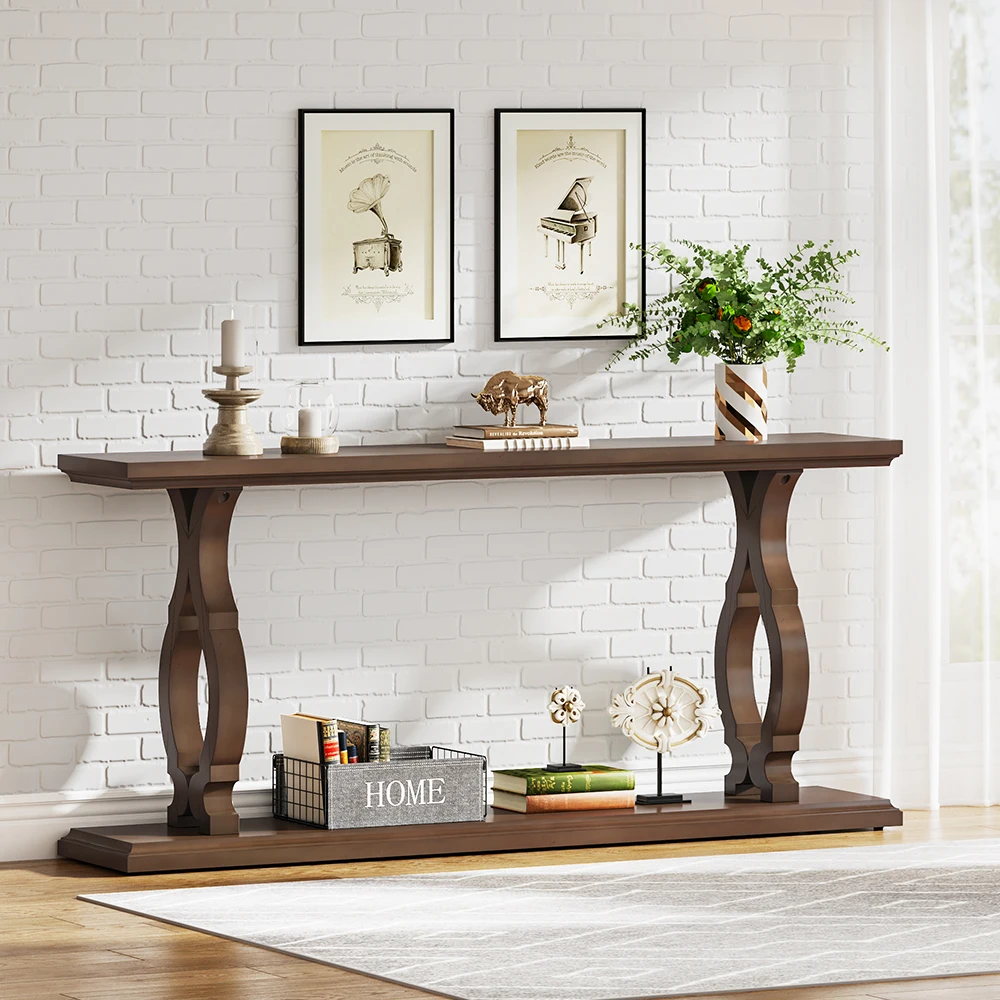 Modern antique farmhouse 2 tier entry console table wood vintage retro with open storage for living room entrance, hallway