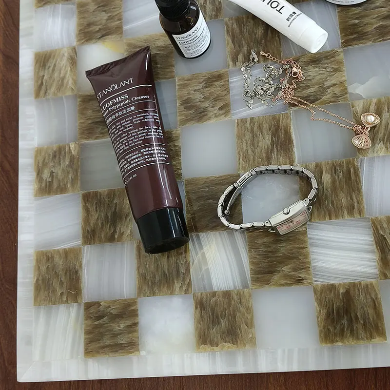 stonekocc Luxury Natural Onyx Game Board Mosaic Checkerboard Grid Tray Designer Room Home Storage Decorative Trays