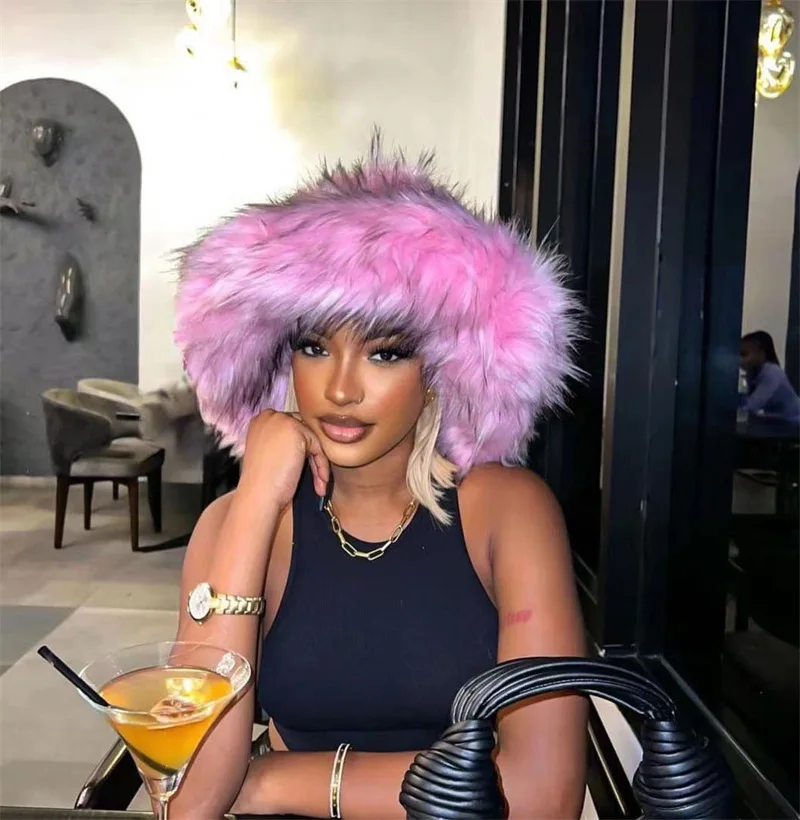 Fashion Wholesale Warm Imitation Fur Fluffy Thick Autumn Winter Personality Punk Hat Large Eaves Fisherman Hat