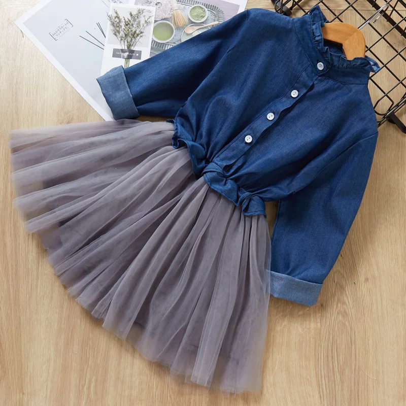 Hot Sale Spring Baby Girls Kids Clothing Solid Long Sleeve Denim Lace Dress Princess Dresses Cotton For Children Clothes Dress