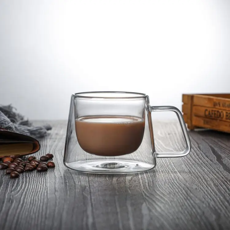 Wholesale double layer hollow heat-resistant glass coffee cup with handle