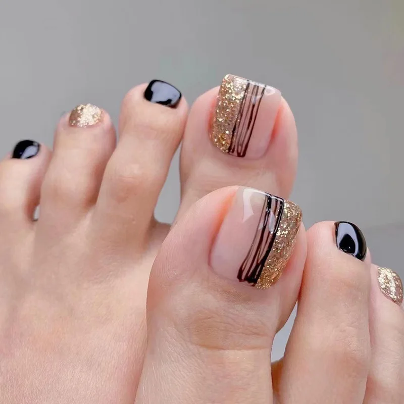 Shiny Black Glitter False Toenails Gold Glitter Wholesale Full Cover Square Toe Tips With Eco-Friendly Waterproof Nail Glue
