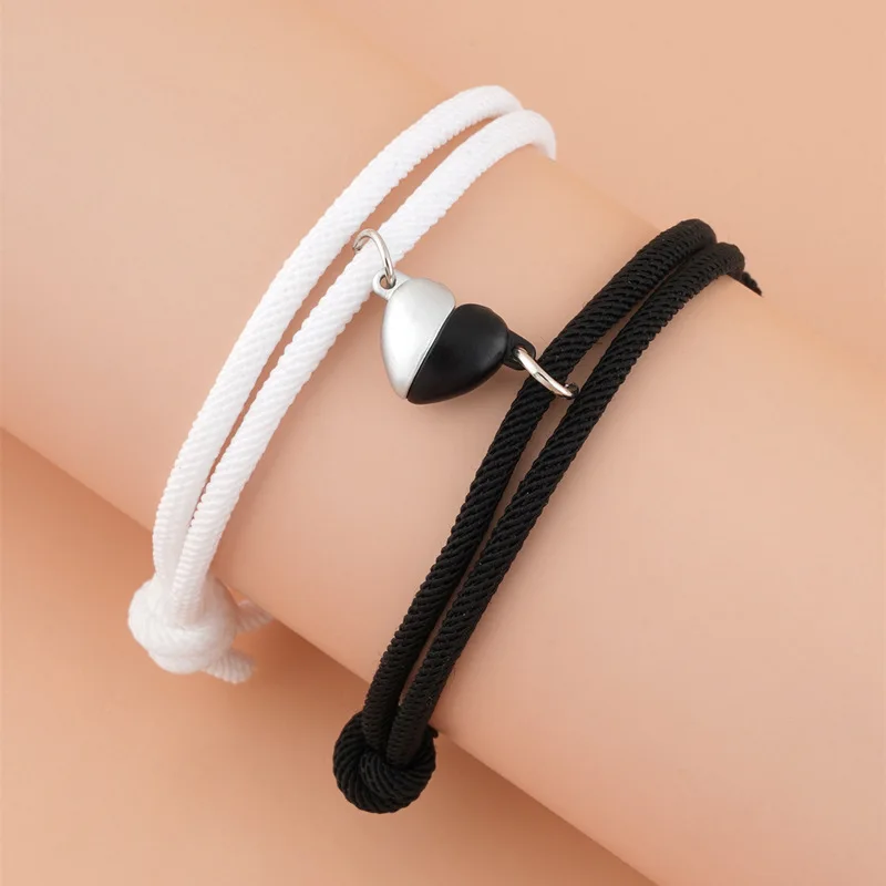 Fashion Trendy Black And White Heart-Shaped Magnetic Buckle Milan Rope Braided Couple Girlfriends Bracelet Adjustable Bracelet