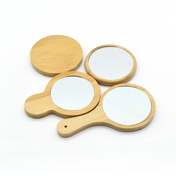 Custom Logo Round Pocket Bamboo Mirror Handheld Mini Small Makeup Mirrors