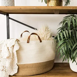 Multi Purpose Large Blanket Basket Living Room Cotton Rope Basket with Real Leather Handles Large Baskets for Blankets Storage