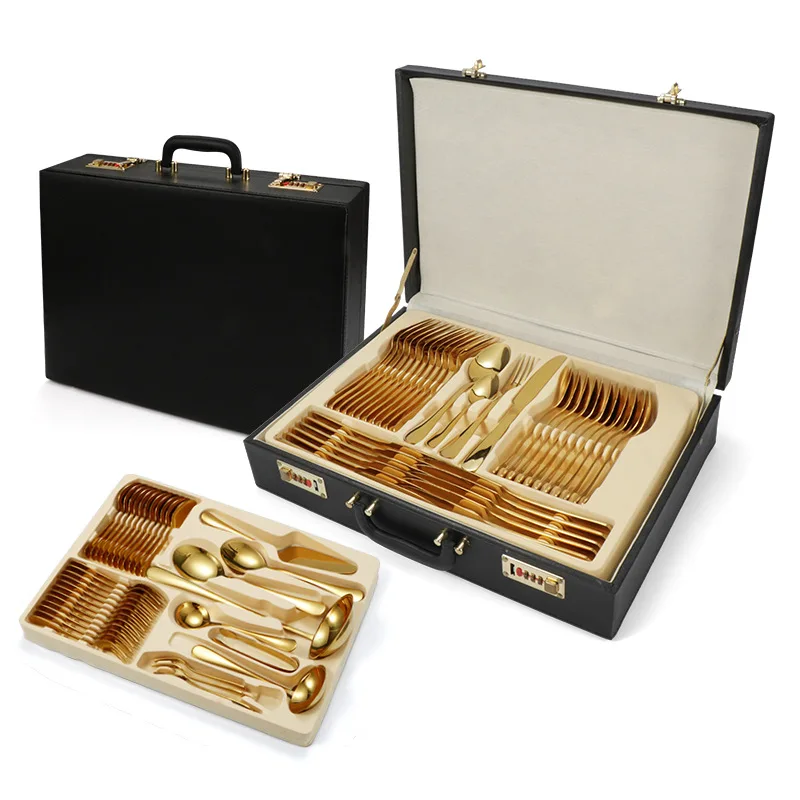 72pcs gold plated stainless steel service flatware set Retro vintage inox Cubiertos cutlery set with wooden with leather case