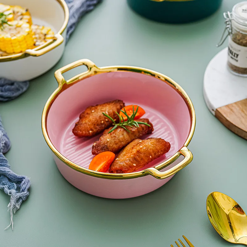 Nordic Luxury Ceramic Double Ear Bowl Modern Design Tableware for Instant Noodles Rice Soup Fruit Salad Big Tureen Plant Pattern