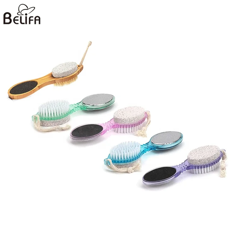 Wholesale wooden pedicure scrubber brush with pumice stone 4 in 1 callus remover foot file