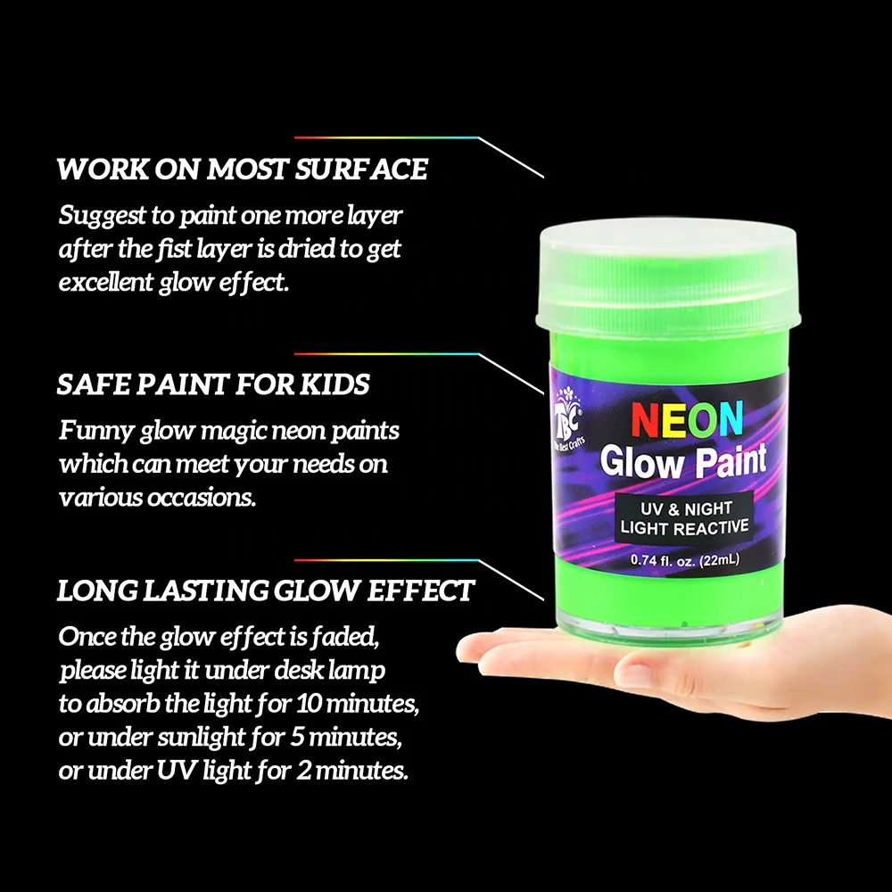 Non Toxic 10 Colors Neon Fluorescent Paints in the Dark 20ml Acrylic for Canvas Walls and Ornament Painting