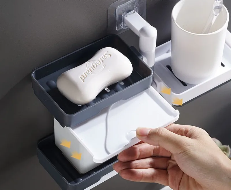 Rotatable 1/2/3/4 Layer Bathroom Wall Mounted Square Drain Soap Box Without Cover No Drilling