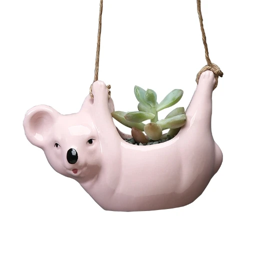 Cute cartoon animal koala hanging basket flower pot, minimalist creative desktop plant decoration ceramic flower pot.