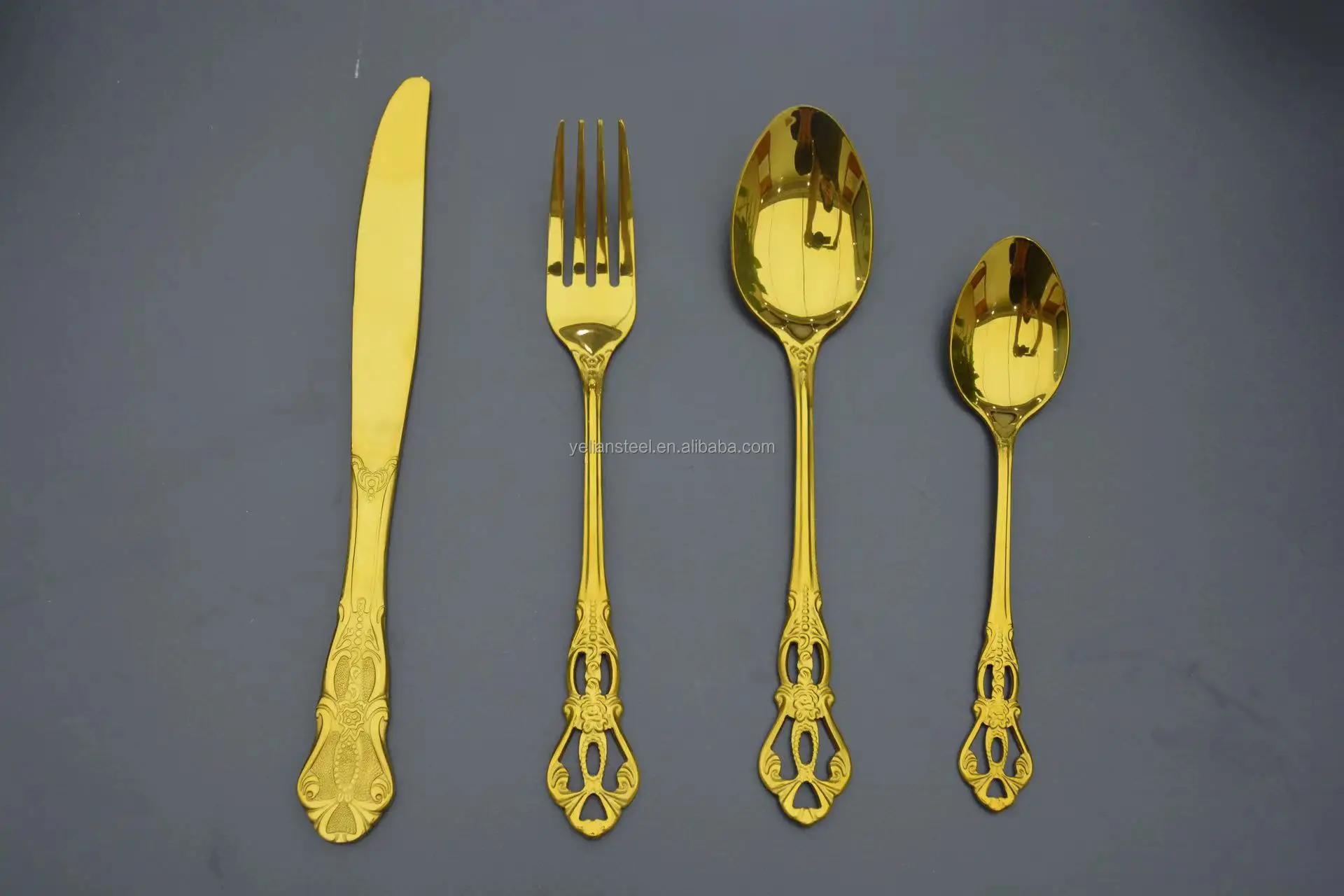 Wholesale luxury antique handle stainless steel vintage silverware cutlery banquet set, silver gold for wedding