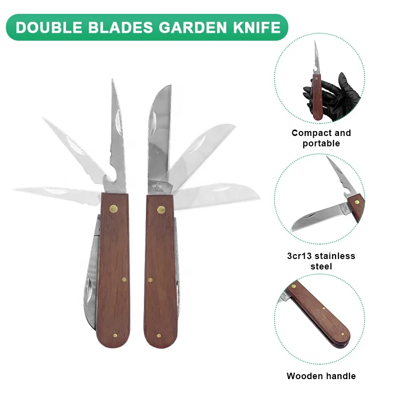 Custom Double Blade Gardening grafting Knife Wooden Handle Cutter Knife Budding Agriculture Folding Knife