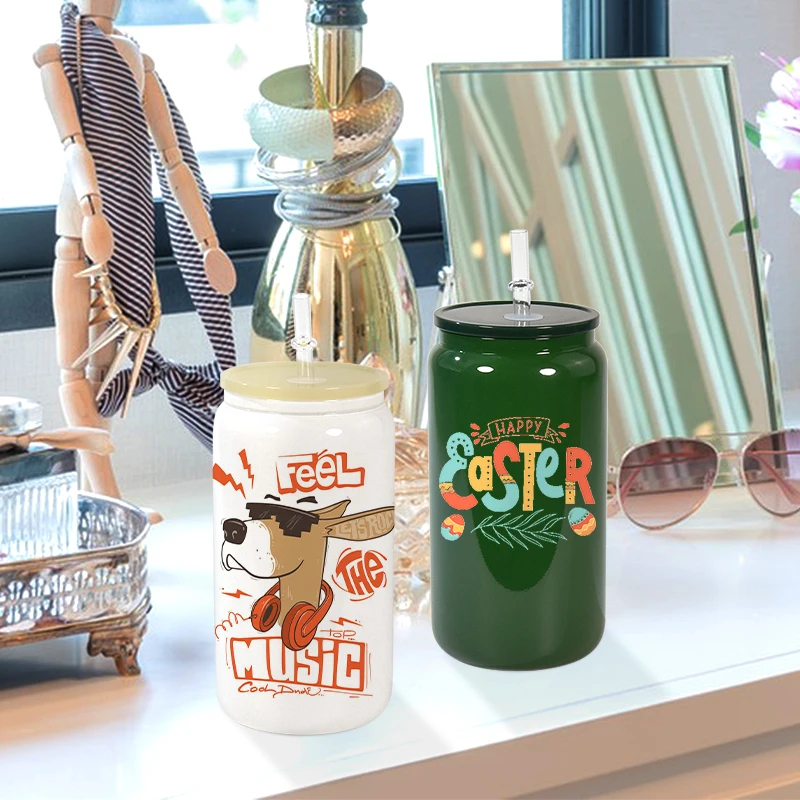 Wholesale 16oz sublimation colored glass can with colored plastic lids and plastic straw for UV DTF wraps