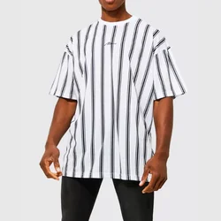 Top Quality Men 100% Cotton Oversized Striped T Shirt Custom Logo Big and Tall T Shirts Dropped Shoulder Tee Shirt