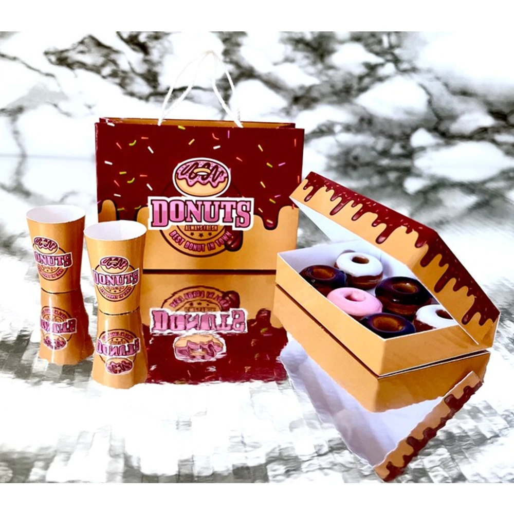 Custom Logo Recycled takeout Takeaway Doughnut Paper Kraft dessert Packaging Bags With Donut Box and Coffee cups