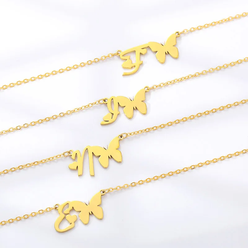 Fashion Cute Women Gold Plated Inital Letter Stainless Steel Jewelry Initial Butterfly Necklace