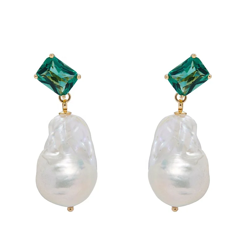 Gemnel green baguette CZ freshwater baroque pearl 925 silver beach jewelry cowrie shell earrings