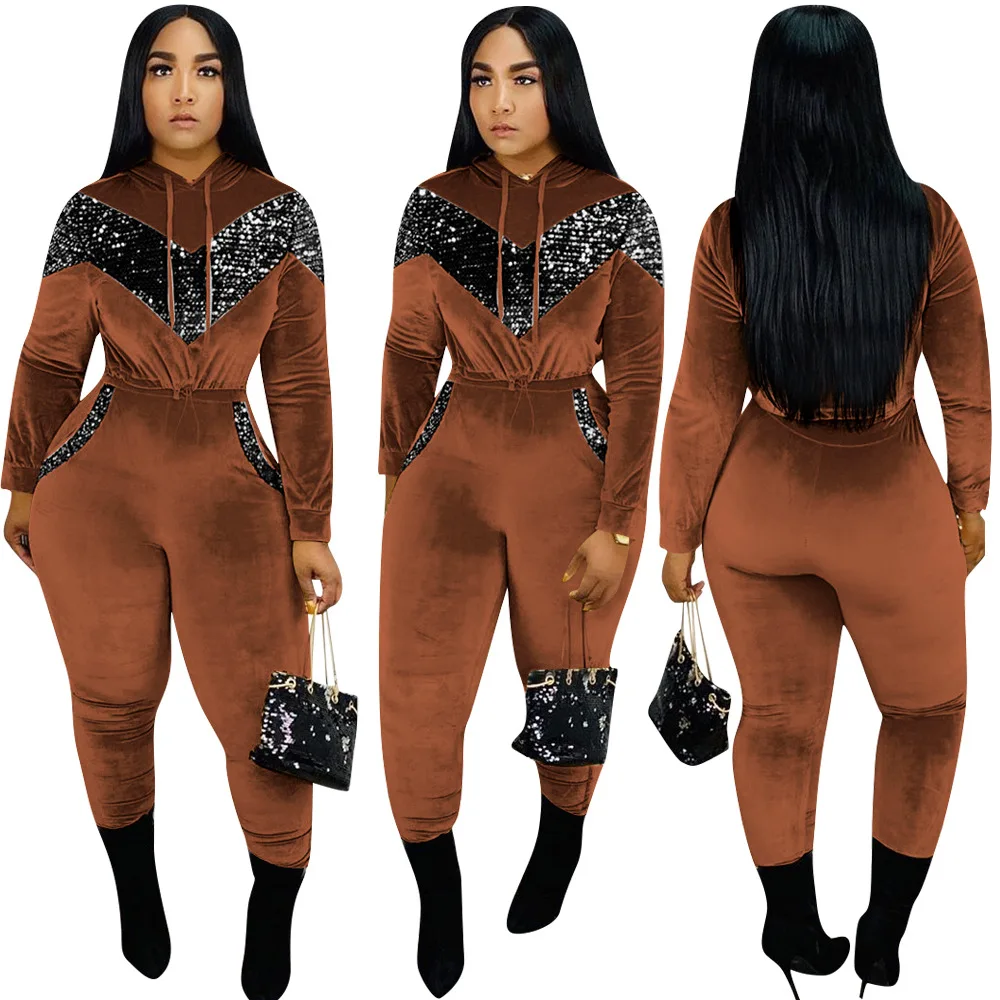 Women Winter Velour Two Piece Set Womens Fashion Stylish Clothing Woman Plating 2 Piece Sequins Hoodies set