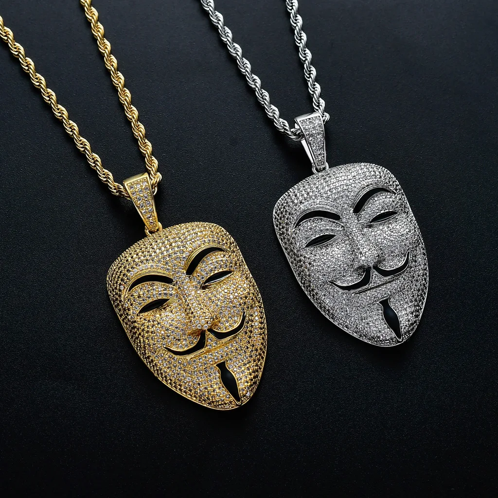 Men Pendant Gold Plated Iced Out CZ Full Diamond BLING Movie Revenge Team V-Vendetta Smiley Face Necklace
