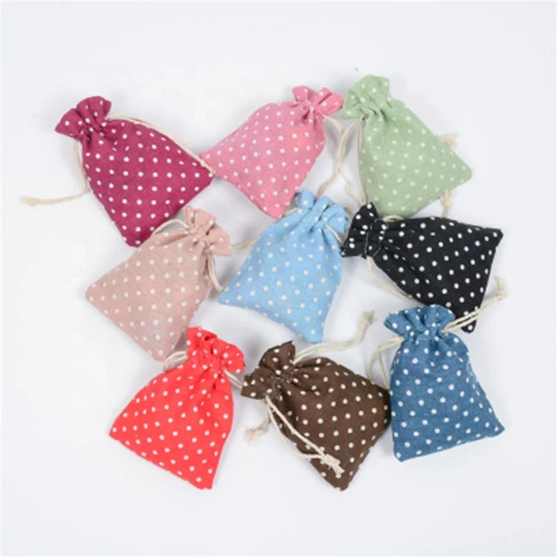 
New Printed Polka Dot Cotton Drawstring Bag Eco Portable Mixed Color Cotton Linen Bag Jewelry Drawstring Storage Bag Customized 