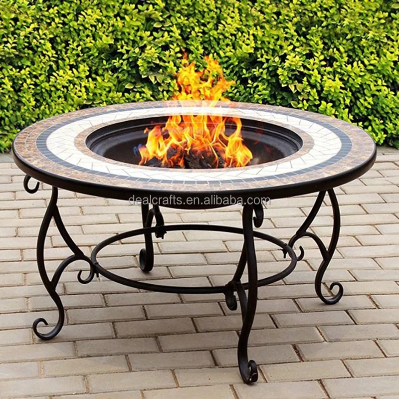 Round Outdoor Iron with Mosaic Top Fire Pit Table Marble Fire Pit