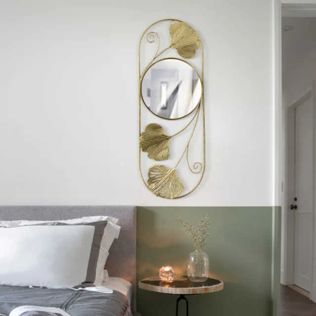 Factory Direct Nordic light luxury Retro Ginkgo Mirror Iron Decoration Wall Hanging  Modern Custom Wall Decoration Living Room