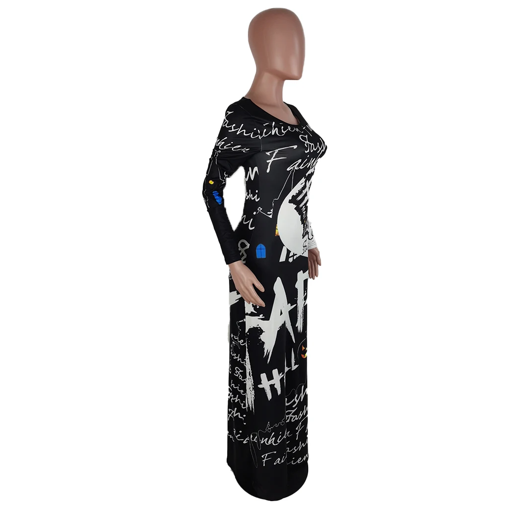 Foma- F6610 2020 Fashion women fall dresses letter print overall long sleeve casual long dresses women maxi